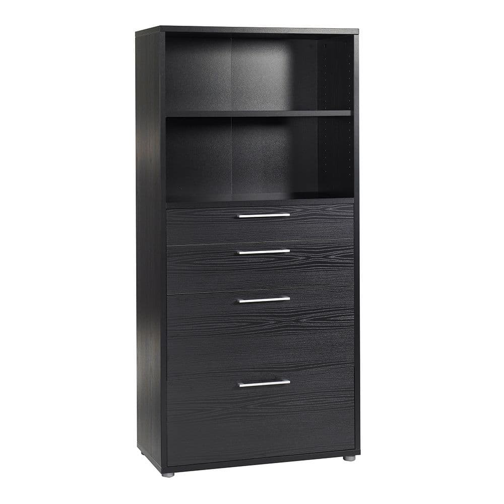 Business Pro Bookcase 4 Shelves with 2 Drawers + 2 File Drawers in Black woodgrain